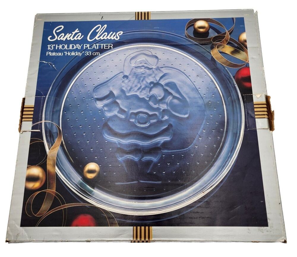Colony Santa Claus 13" Holiday Clear Glass Platter In Original Box VINTAGE